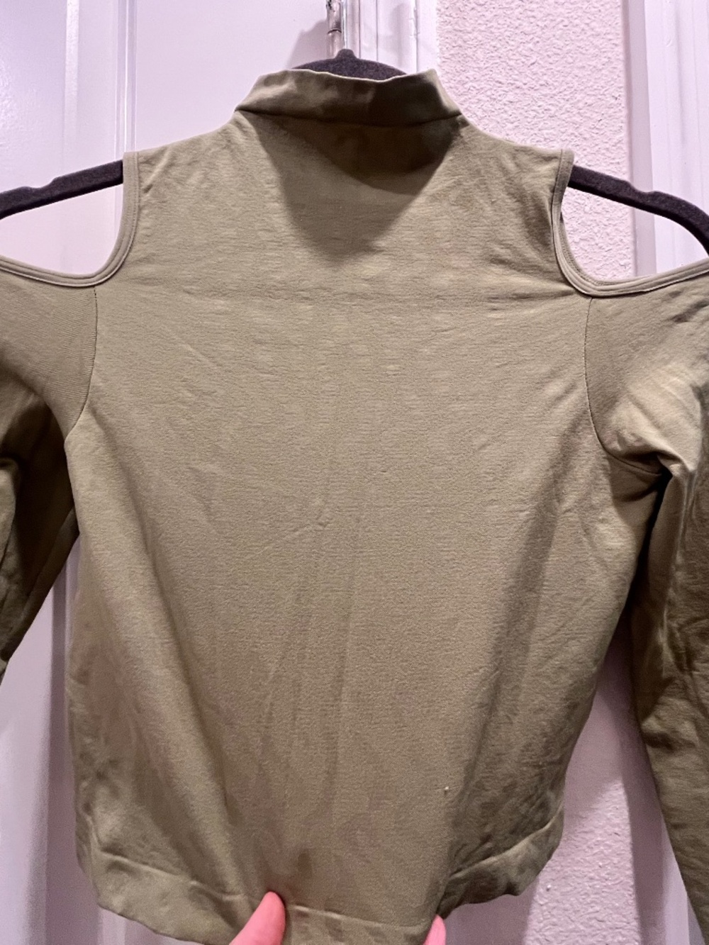 Stretchy, form fitting, open shoulders, mock neck, sexy long sleeve